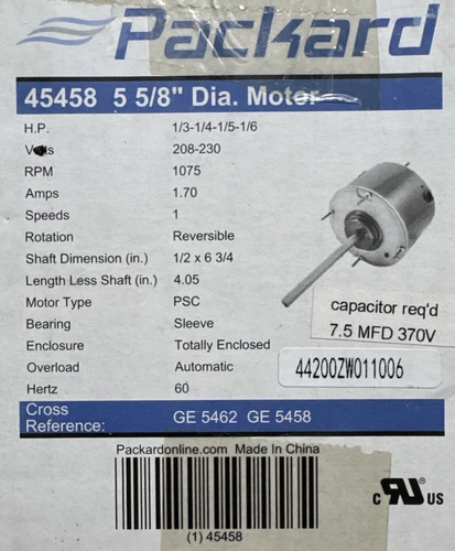 Packard 45458 Multi HP Condenser Fan Motor 5 5/8" Dia. 230 Volts 1.7Amps 1 Speed