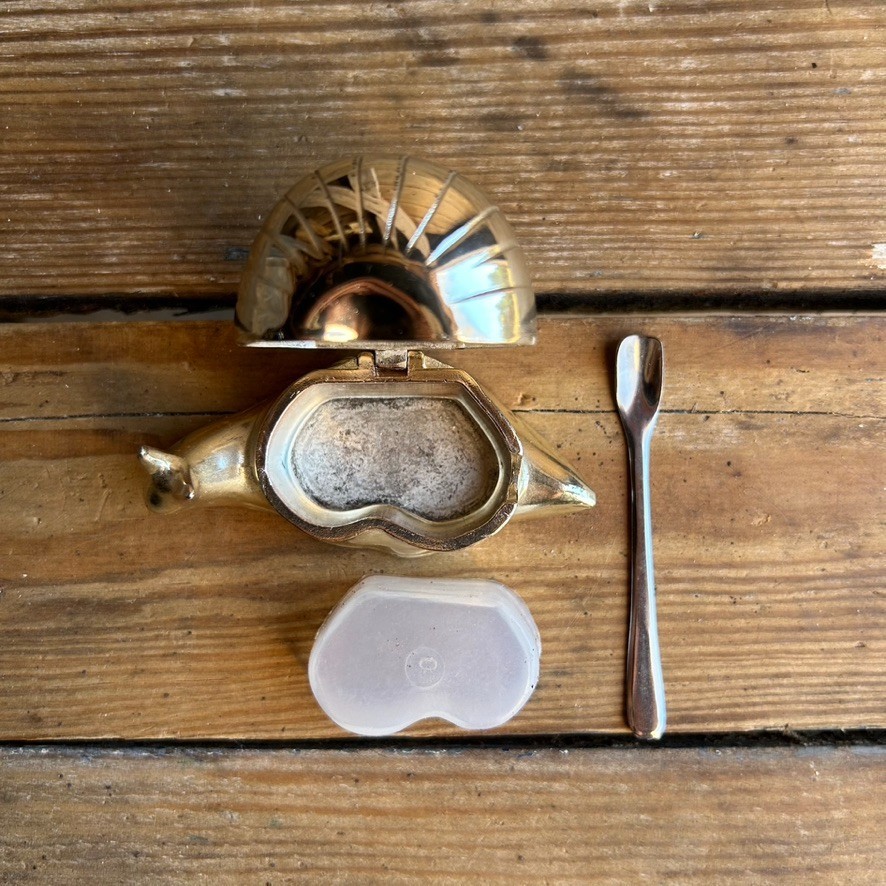 Vtg Snail Salt Cellar Gold Plated Metal w/ Spoon & Plastic Liner