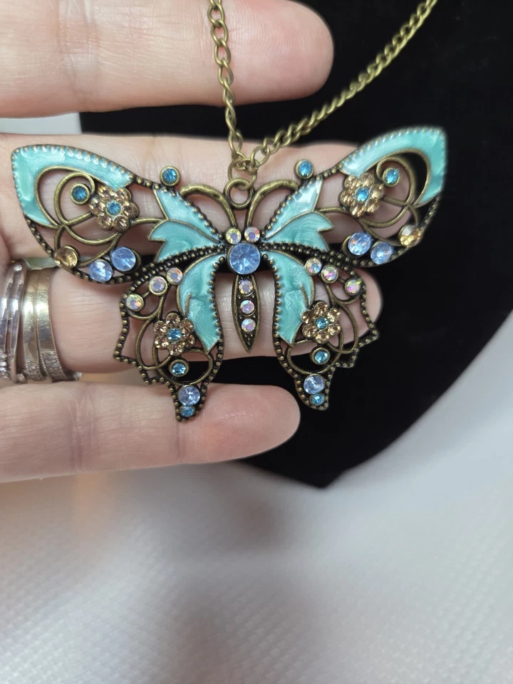 Butterfly With Rhinestones & Blue Enamel On Brass Tone 30" Necklace - Image 2 of 3