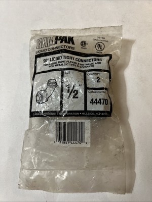 Pkg of 2 90° Liquid Tight Connectors GamPak #44470 1/2'' Made in USA! NIP Sealed