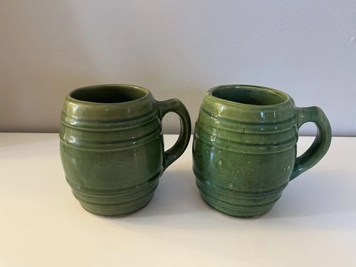 Vintage McCoy Pottery Set of 2 Green Barrel Stoneware Mugs