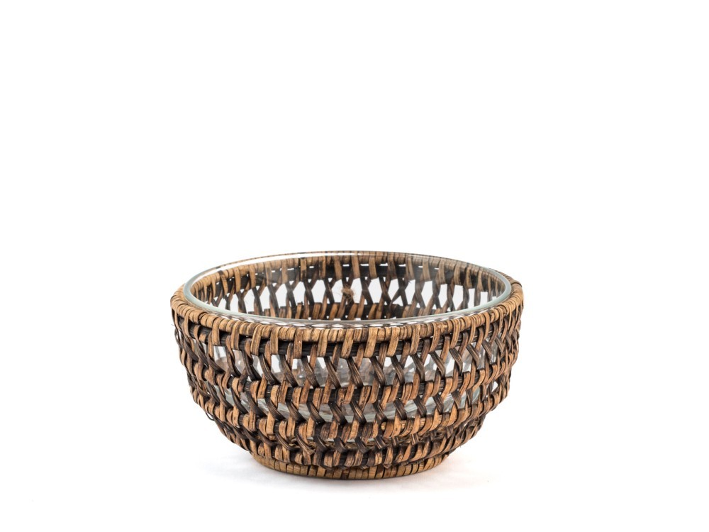H&H Rattan And Glass Food-Safe Decorative Bowl, 15x7 Cm, Brown Transparent