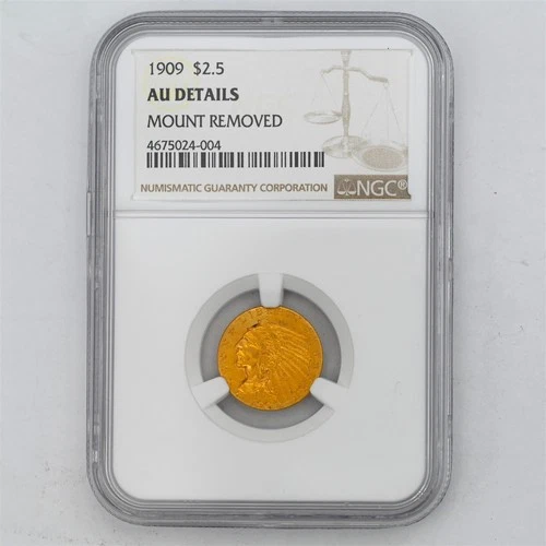 1909 $2.50 INDIAN HEAD UNITED STATES 90% GOLD COIN NGC CERTIFIED AU DETAILS