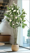 NEW. Faux Camellia White Flower Tree 7 FT Tall Fake White Flowers Silk