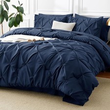 King Size Comforter Set Navy Blue,Pintuck Bed in A Bag 7 Pieces,Pinch Pleat Blue
