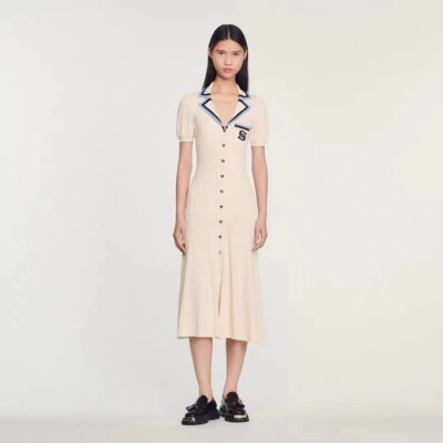 Sandro Short-sleeved contrasting V-neck knit dress | eBay