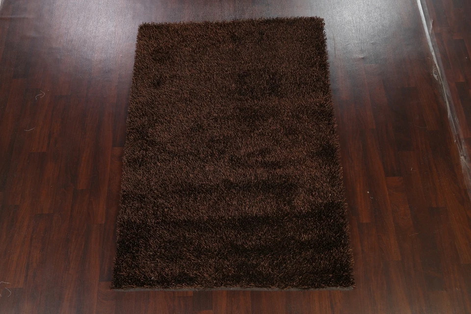 Thick-Plush Modern Shaggy Solid Oriental Area Rug Dark Brown Hand-Tufted 5x7 New - Image 2 of 4