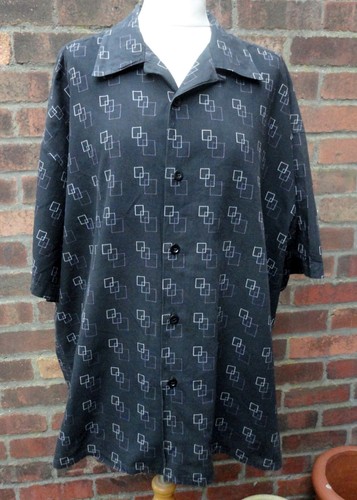 Vintage Mens Casual Shirt Black Cotton Embroidered Squares Design Short Sleeves - Picture 5 of 7