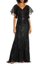 Women's MAC Duggal Sequin Flutter Sleeve Evening Gown, Size 4 - Black