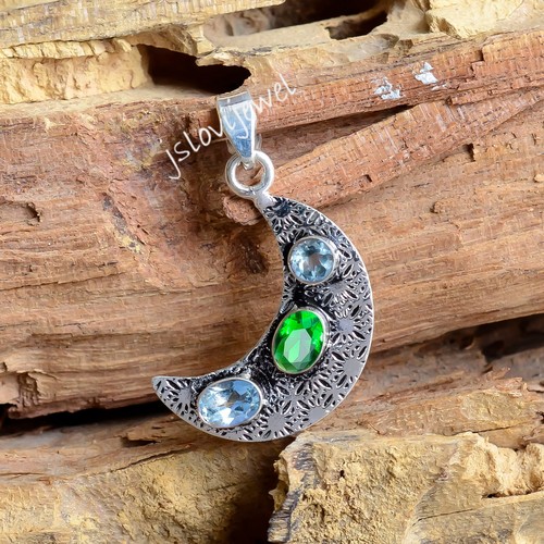 Swiss Blue Topaz & Diopside Gemstone 925 Sterling Silver Moon Pendant For Anyone - Picture 4 of 6