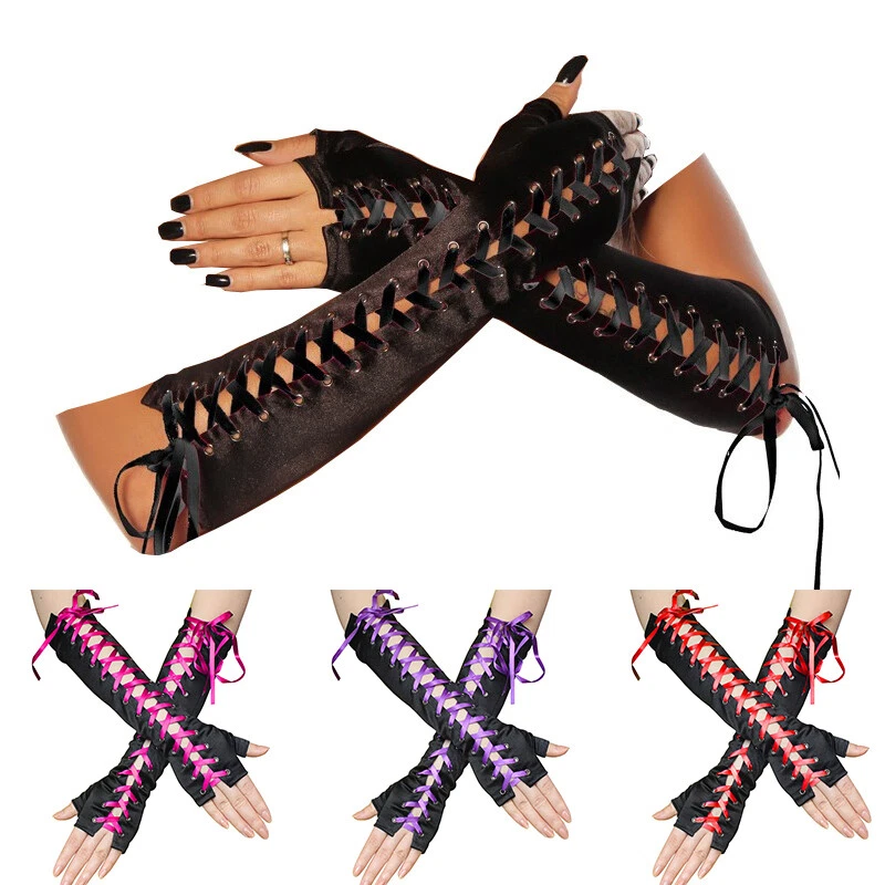 Women's Sexy Elbow Length Fingerless Lace Up Arm Warmer Long Punk Gloves ✿ - Image 3 of 4