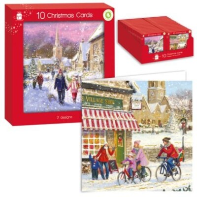 10 Stück quadratische Weihnachtskarten Dorfszene Design