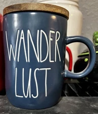 Rae Dunn Wander Lust Blue Wood Top Tall Mug NWT