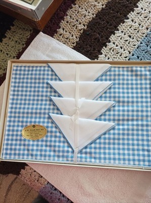 VTG Majestic 4 Placemats & 4 Napkin Set Blue Checked New in Box