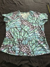 Easy Stretch Women  s Scrub Top Mosaic Butterfly Bug Wings Size Large 4 Pockets