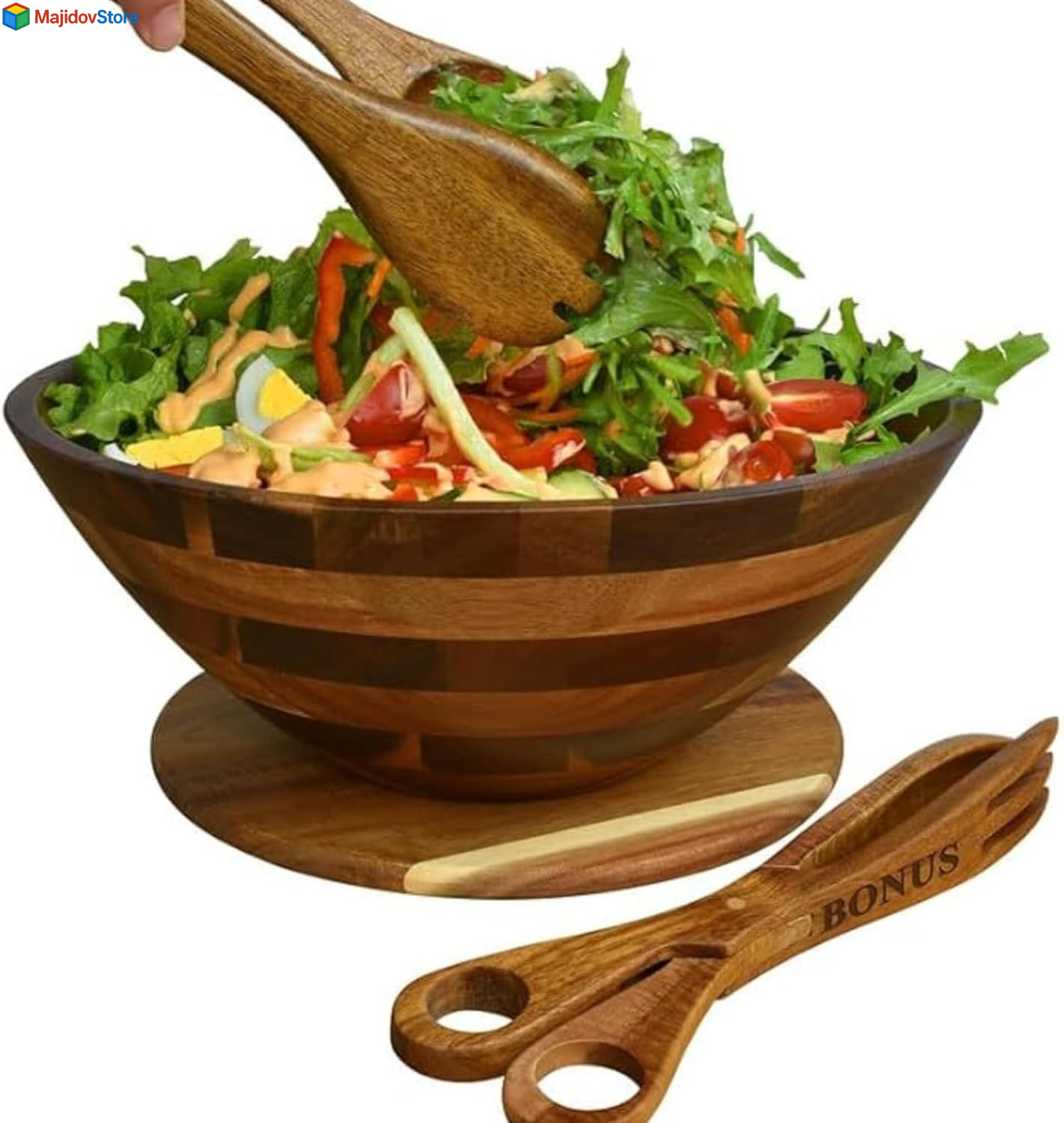 Large Wooden Salad Bowl Set – Premium Acacia Wood Serving Bowl Set w/ Utensils..