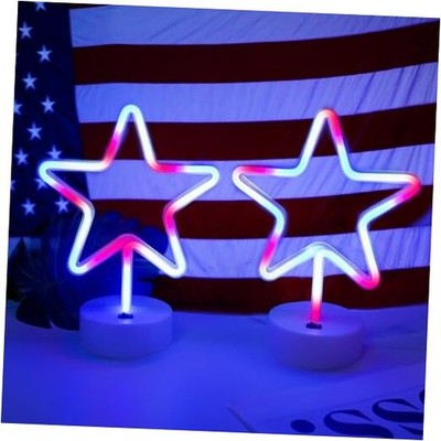 4th of July Decorations, Star Led Neon Light with Base, Red White Blue Colorful