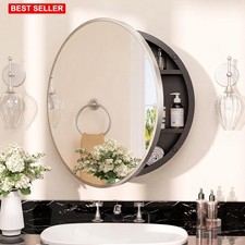 Medicine Cabinet Mirror Brushed Nickel Round Frame Adjustable Shelves Bathroom