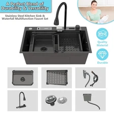 30" Multi Purpose Kitchen Sink Stainless Steel Single Bowl W/ Waterfall Faucet