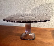 L.E. Smith Glass Cake Stand Lavender Trellis 1950’s 9.5" Square 5.25" T