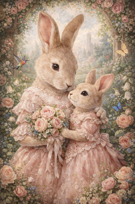 0_Hase Damen Dame Kaninchen Mutter & Tochter Wandkunstdruck Vintage Poster süß