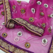 Indian Vintage Heavy Wedding purple Net/Mesh Hand Embroidered Designer Dupatta
