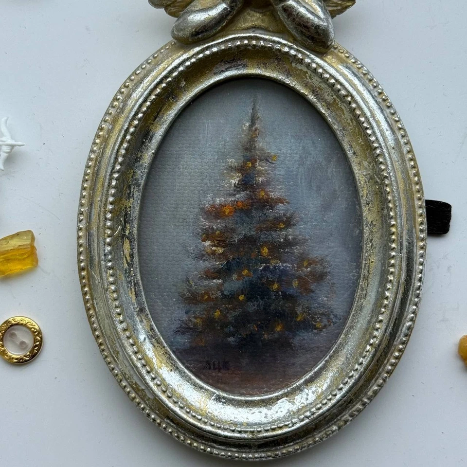 Pintura a óleo de inverno árvore de Natal original assinada arte vitoriana antiga emoldurada - Imagem 2 de 4