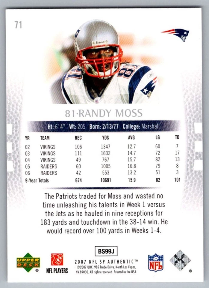 2007 SP Authentic Randy Moss New England Patriots #71 - Image 2 of 2