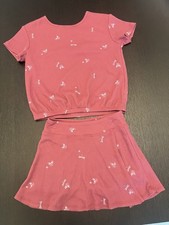 OshKosh B'gosh Girls Pink Bow Knit Top Skirt Set Cotton Size 7A 8A