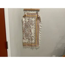 Tory Burch Silk Scarf Foulard Paisley Floral Border Fringe OS