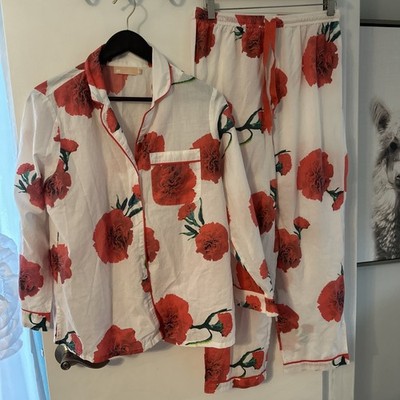 La Cera Cotton White Floral Pajama Set Button Closure Long Sleeve Size S