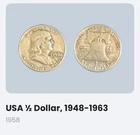 1958 Franklin Half Dollar 50C Silver Coin Uncertified Ungraded .900 Fineness