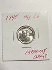1945 UNC+++ FULL SPLIT BANDS 90% SILVER MERCURY DIME