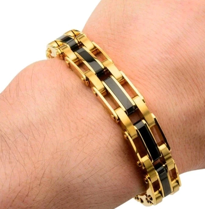 Inox Bracelet gold tone with black marked 316 L stainless steel men's link chain - Image 2 of 4