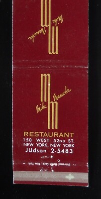 1960s Mike Manuche Restaurant 150 West 52nd St. NYC NY Matchbook