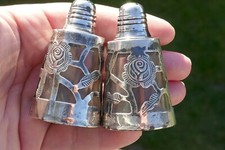 Vintage Mexico Sterling Silver Cut Out Overlay Salt & Pepper Shakers 