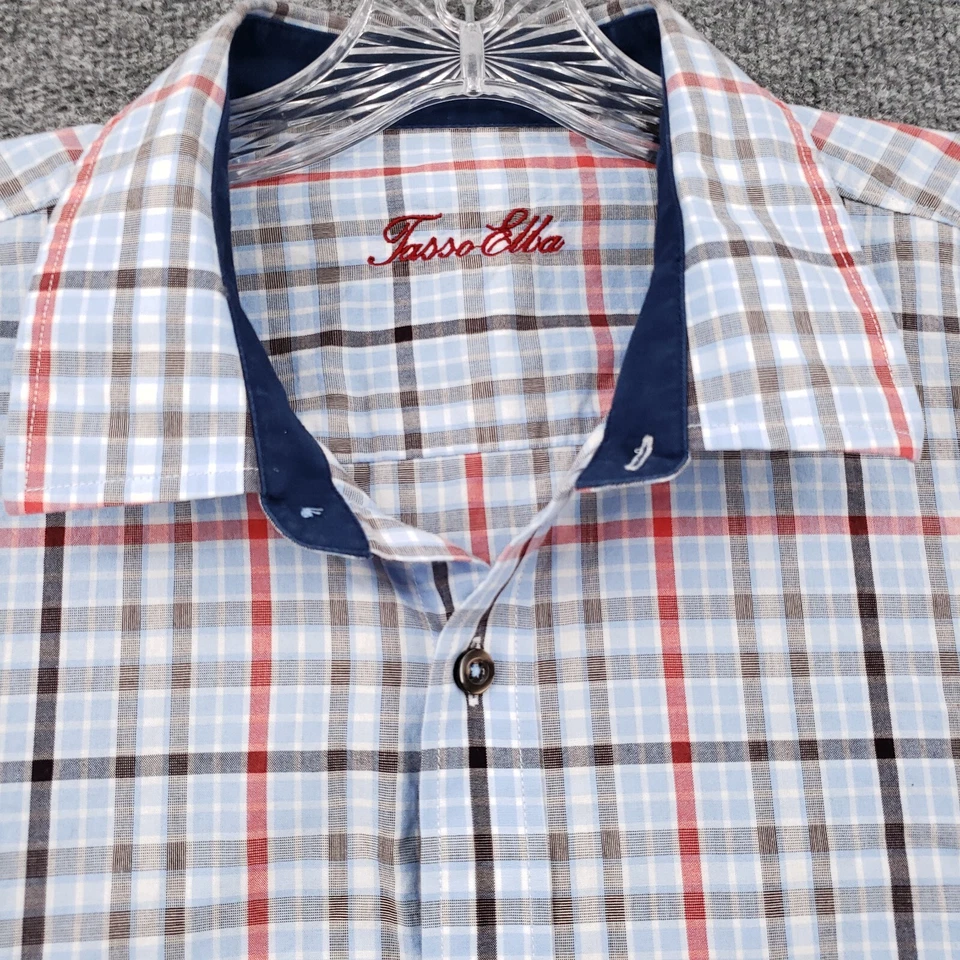Camisa con botones Tasso Elba para hombre XL 17-17,5 azul vestido a cuadros manga larga cuello Foto 3 de 4