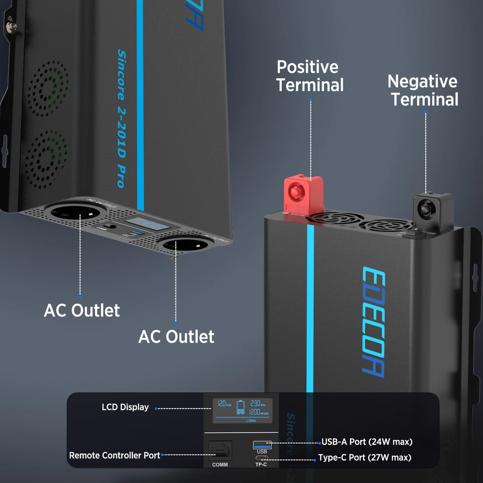 EDECOA Inversor ONDA PURA 12V 220V 2000W Convertidor Inverter Transformador PRO - Imagen 2 de 4