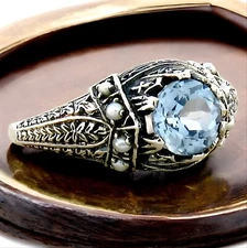 VICTORIAN STYLE 925 STERLING SILVER SIMULATED AQUAMARINE PEARL RING         #153