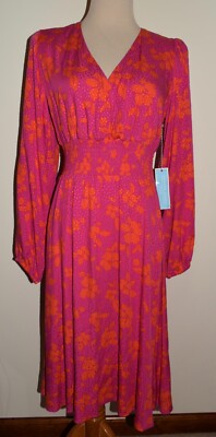 New Womens Draper James RSVP Dress Small Fuchsia Orange Floral Smocked Waist