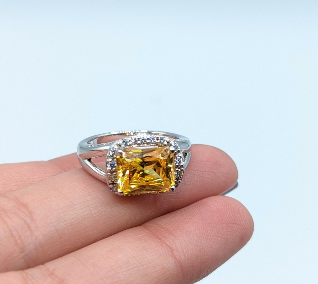 Sterling Silver 925 Yellow Rectangular Clear Acce… - image 4