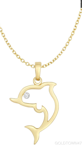 Colgante de delfín abierto de oro amarillo de 14 quilates con diamante en cadena de oro amarillo de 18 quilates - Imagen 1 de 1