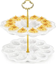 2 Tier Deviled Egg Platter, 24 Holes Deviled Egg Tray Container, Detachable Cera