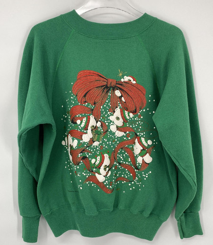 Vintage Ultra Sweats Sweatshirt Womens M Green Christmas Bow Snowman 90s USA