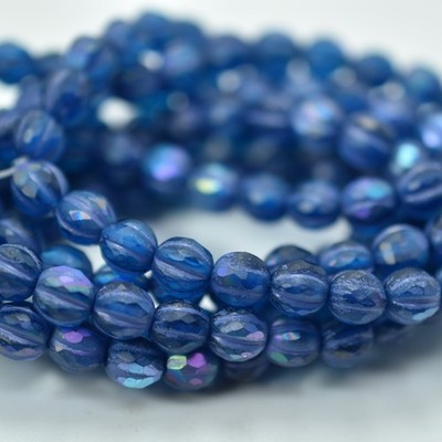 10 Beads - Faceted Melon 6mm - Matte Pacific Blue Purple Luster Wash - Glass