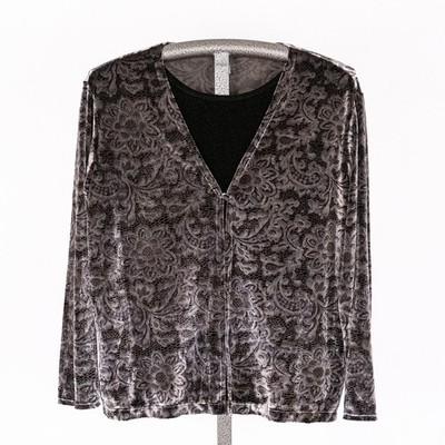 Notations Women's Velvety Velour Two-Fer Twin-Set Style Top XL Gray Black Floral