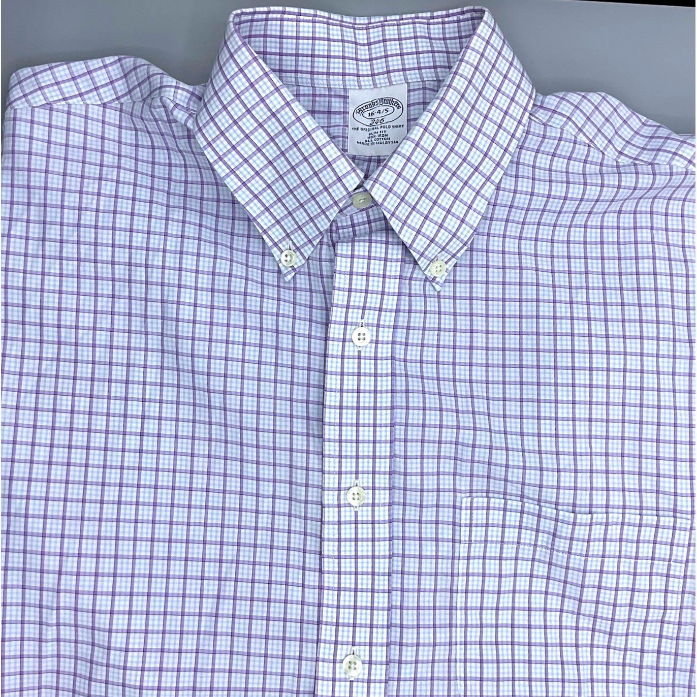 Brooks Brothers 346 Mens Slim Fit Non-Iron Cotton Shirt Purple Check 16-34/35 L