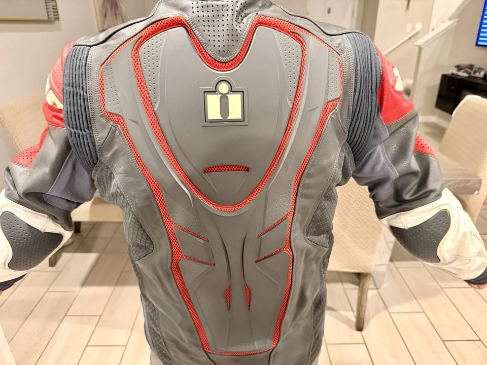 Chaqueta de cuero para motocicleta ICON Hypersport Prime roja/gris/blanca - talla L Foto 4 de 4