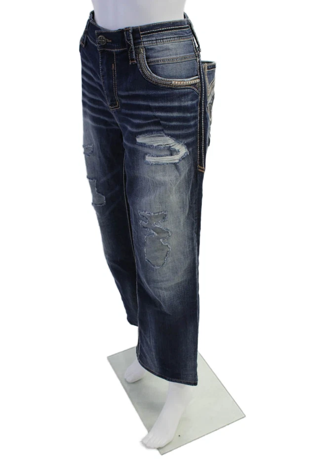 Pantalones de mezclilla para mujer Affliction Blake lavado oscuro desgastados pierna ancha azul talla 36 Foto 2 de 4