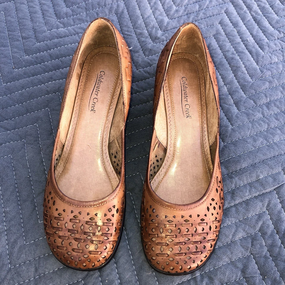 Coldwater Creek Cuero Tostado Ballet Corte Tejido Superior - Mocasines Cuña Talla 7.5 Foto 2 de 4